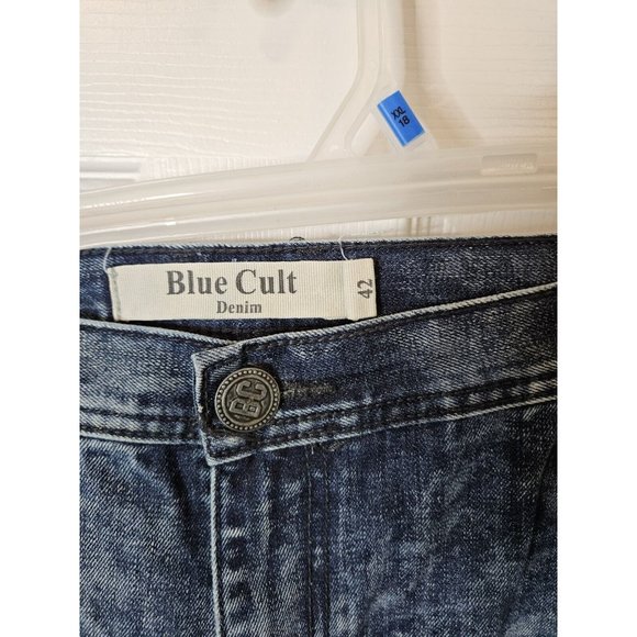 Mens Blue Cult  Denim Stretch Jeans Embroidered Distressed Straight Leg  42x33 - Picture 4 of 9